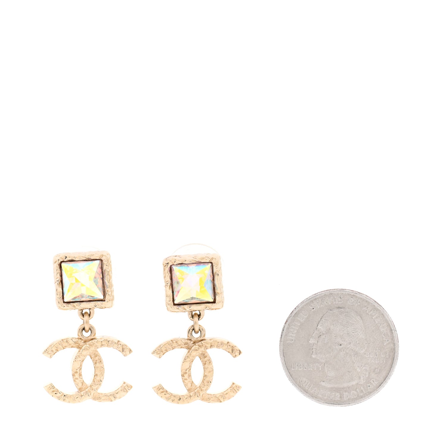 Iridescent Baguette Crystal CC Drop Earrings Gold