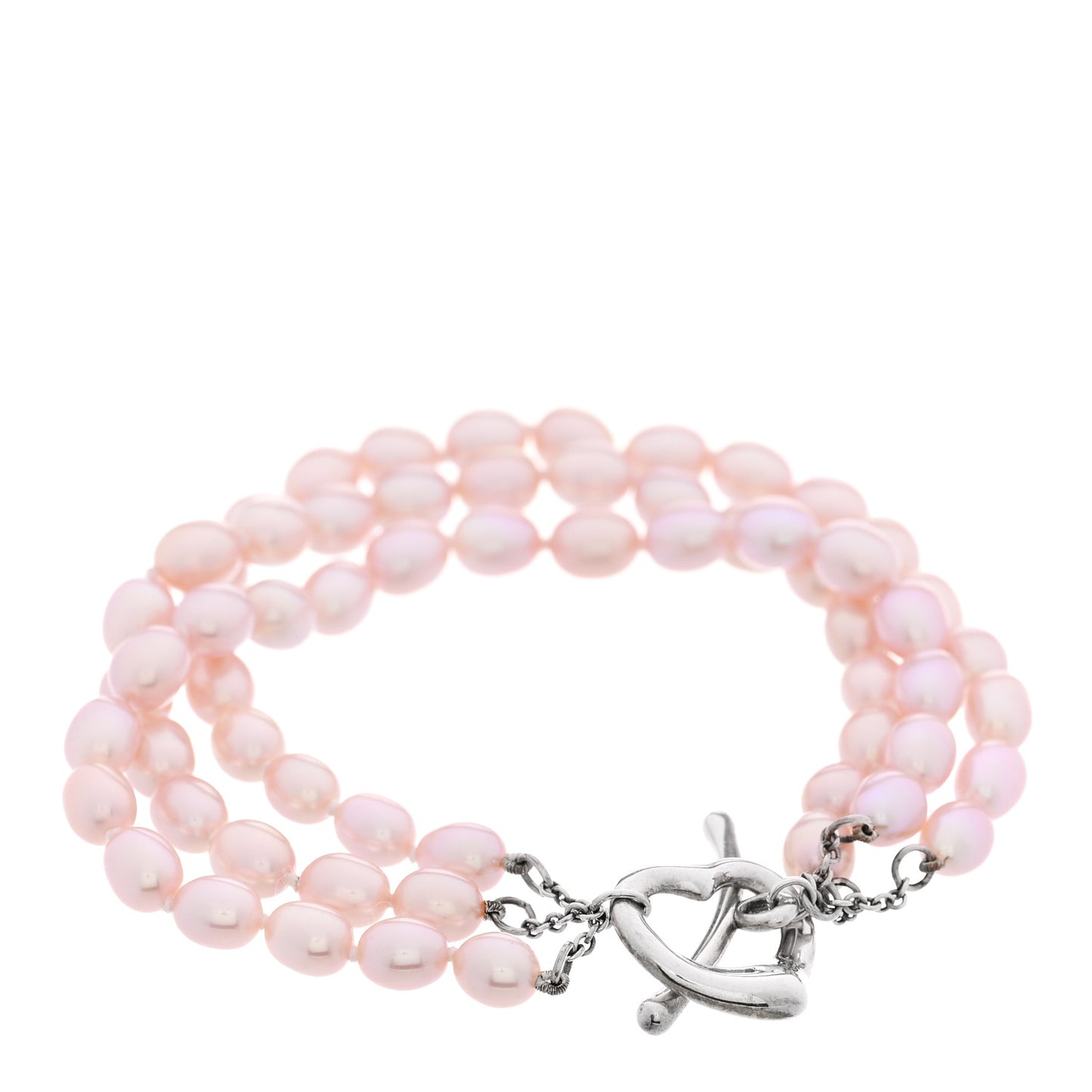 Sterling Silver Pink Cultured Pearl Elsa Peretti Three Strand Heart Toggle Bracelet