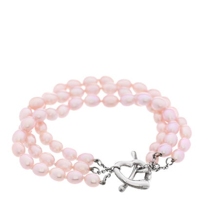 Tiffany Sterling Silver Pink Cultured Pearl Elsa Peretti Three Strand Heart Toggle Bracelet 1 of 3
