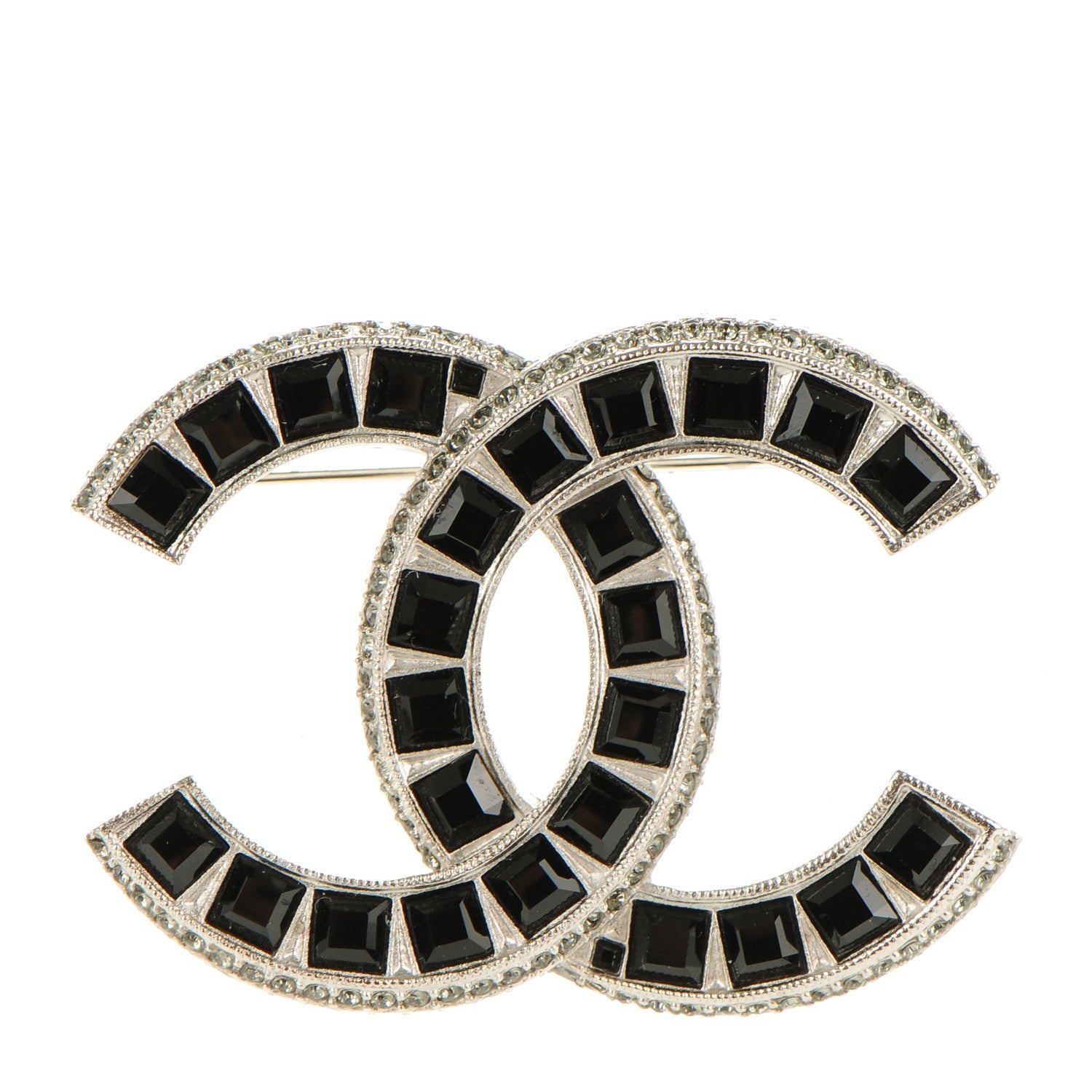 Chanel Baguette Crystal CC Brooch Silver Black 1 of 5