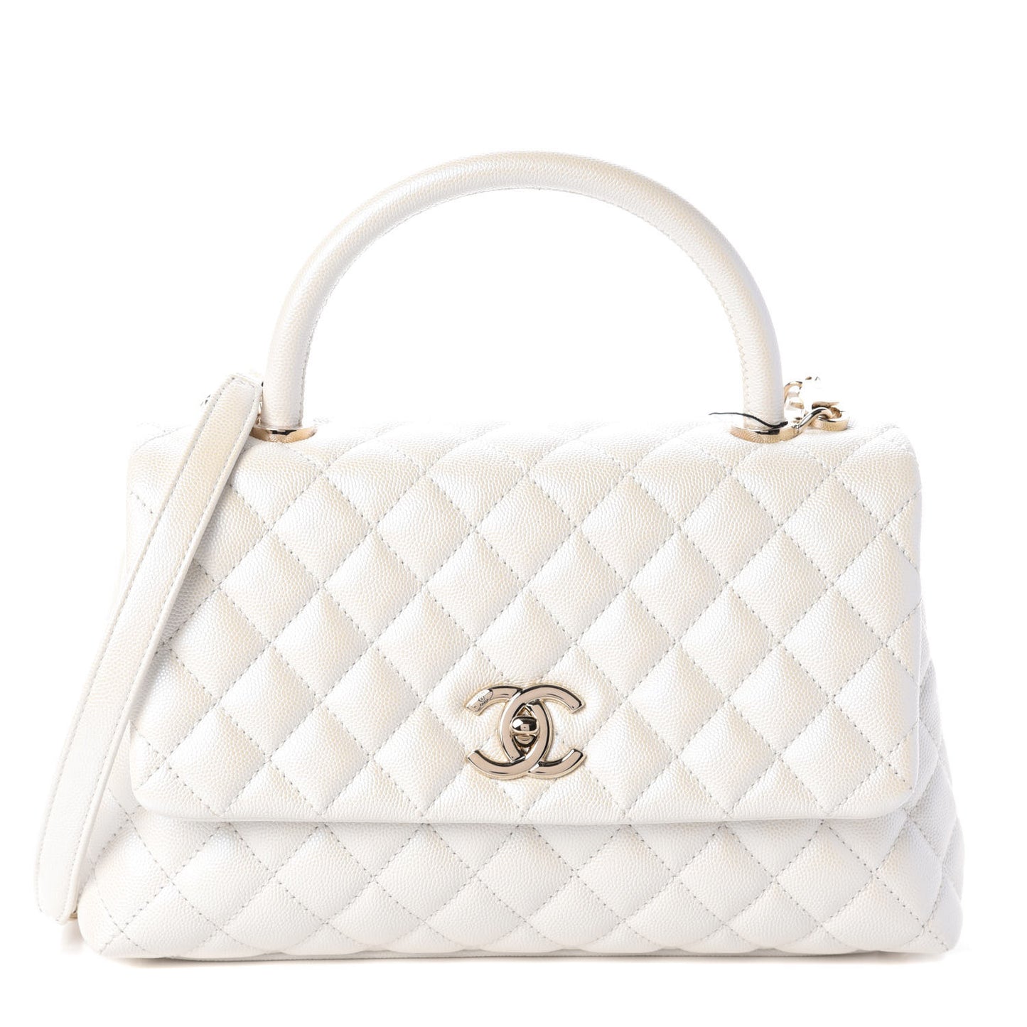 Iridescent Caviar Quilted Small Coco Handle Flap White