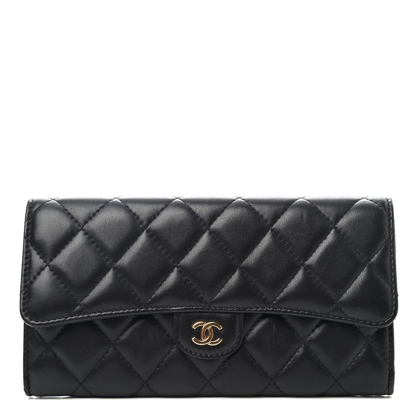 Lambskin Quilted Large Gusset Flap Wallet Black