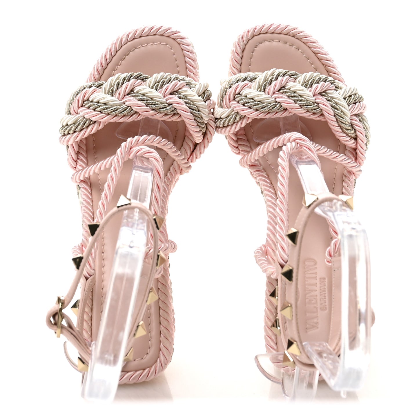 Calfskin Rockstud Rope Espadrille Wedge Sandals 37 Pink