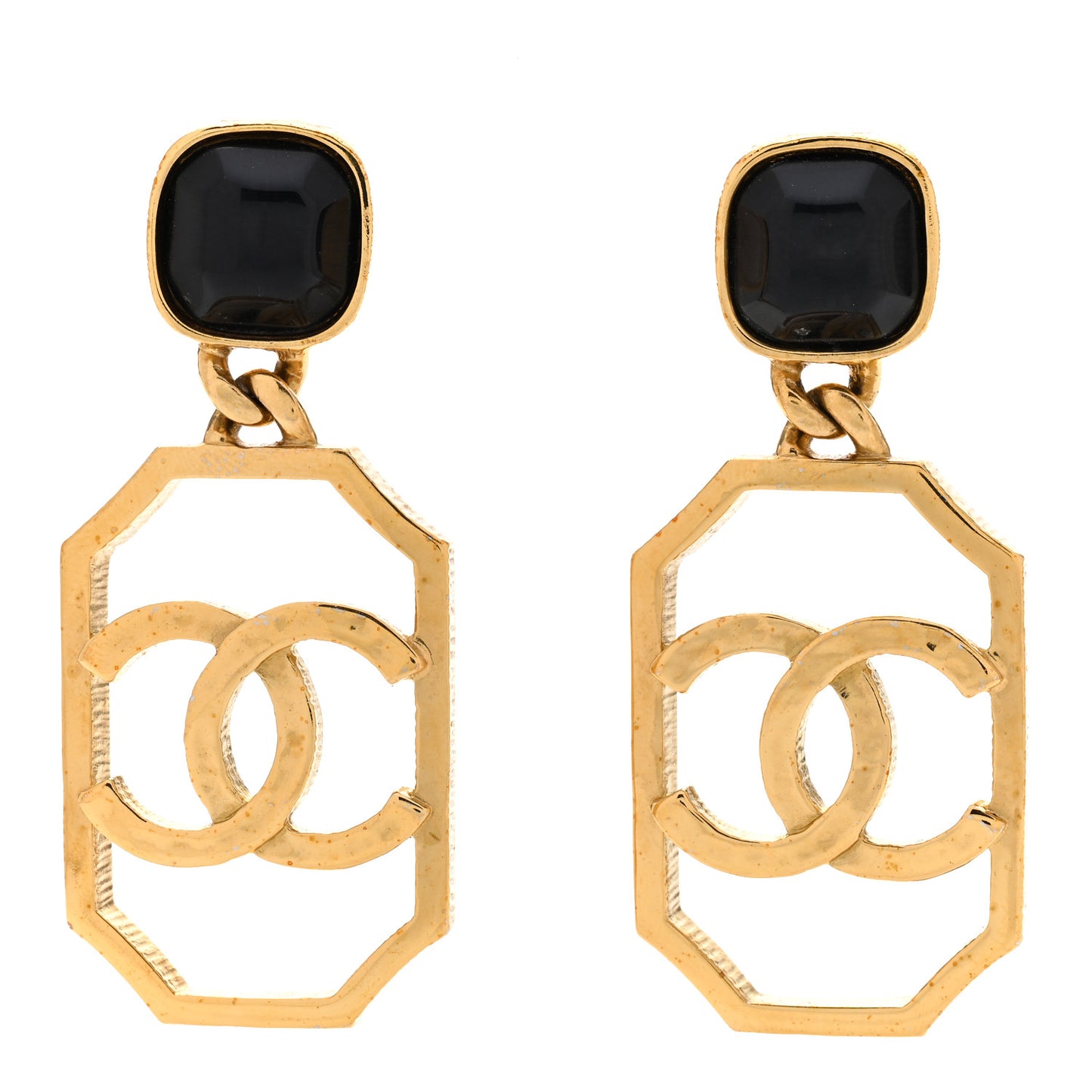 Metal Pearl CC Drop Clip On Earrings Gold Black