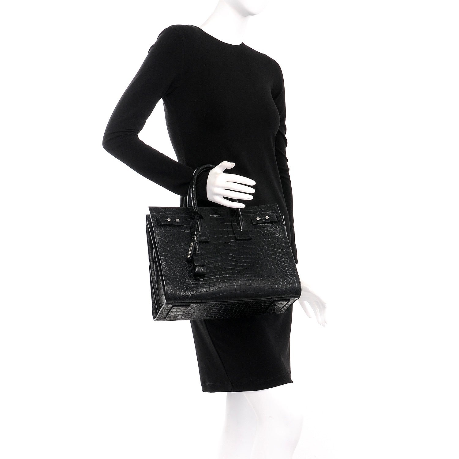 Saint Laurent Calfskin Crocodile Embossed Small Supple Sac de Jour Black 2 of 13