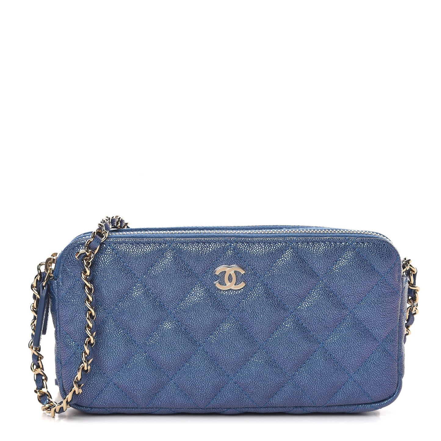 Iridescent Caviar Quilted Clutch With Chain Dark Blue