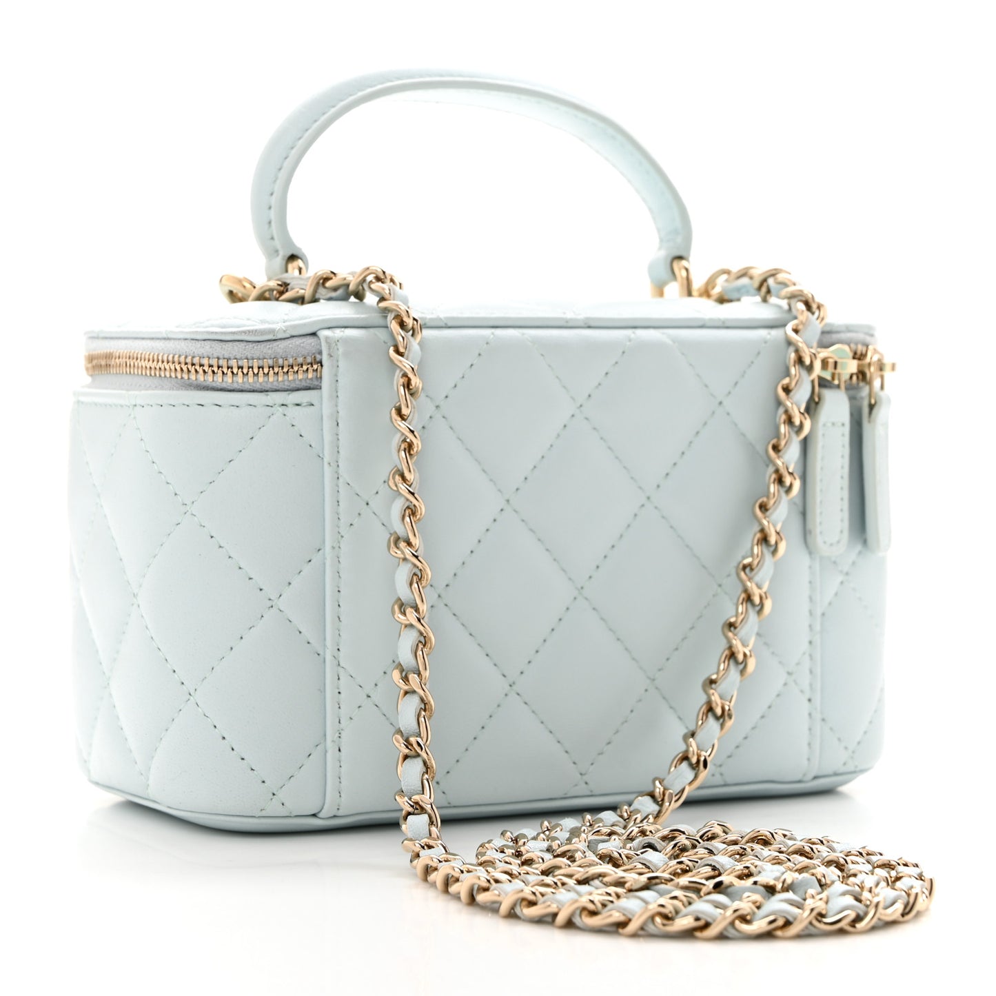 Lambskin Quilted Small Top Handle Vanity Case With Chain Light Blue