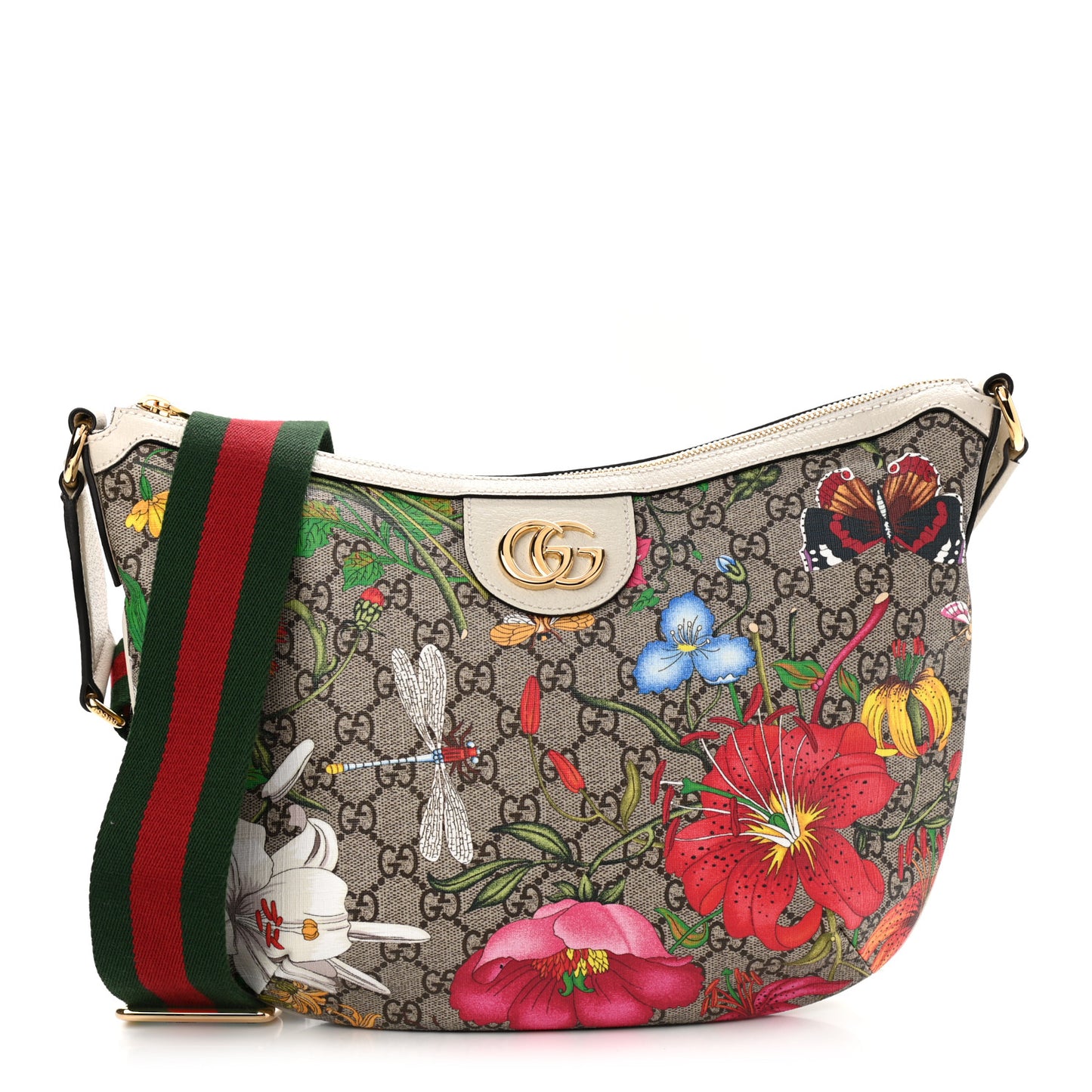 GG Supreme Monogram Flora Web Small Ophidia Half Moon Hobo White