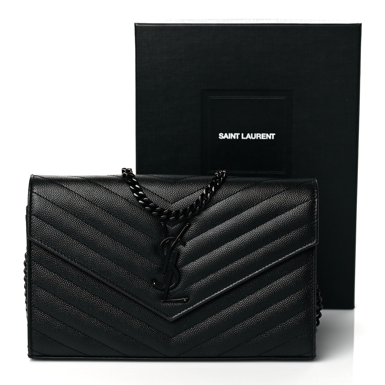 Saint Laurent Grain De Poudre Matelasse Chevron Monogram Chain Wallet Black 11 of 11