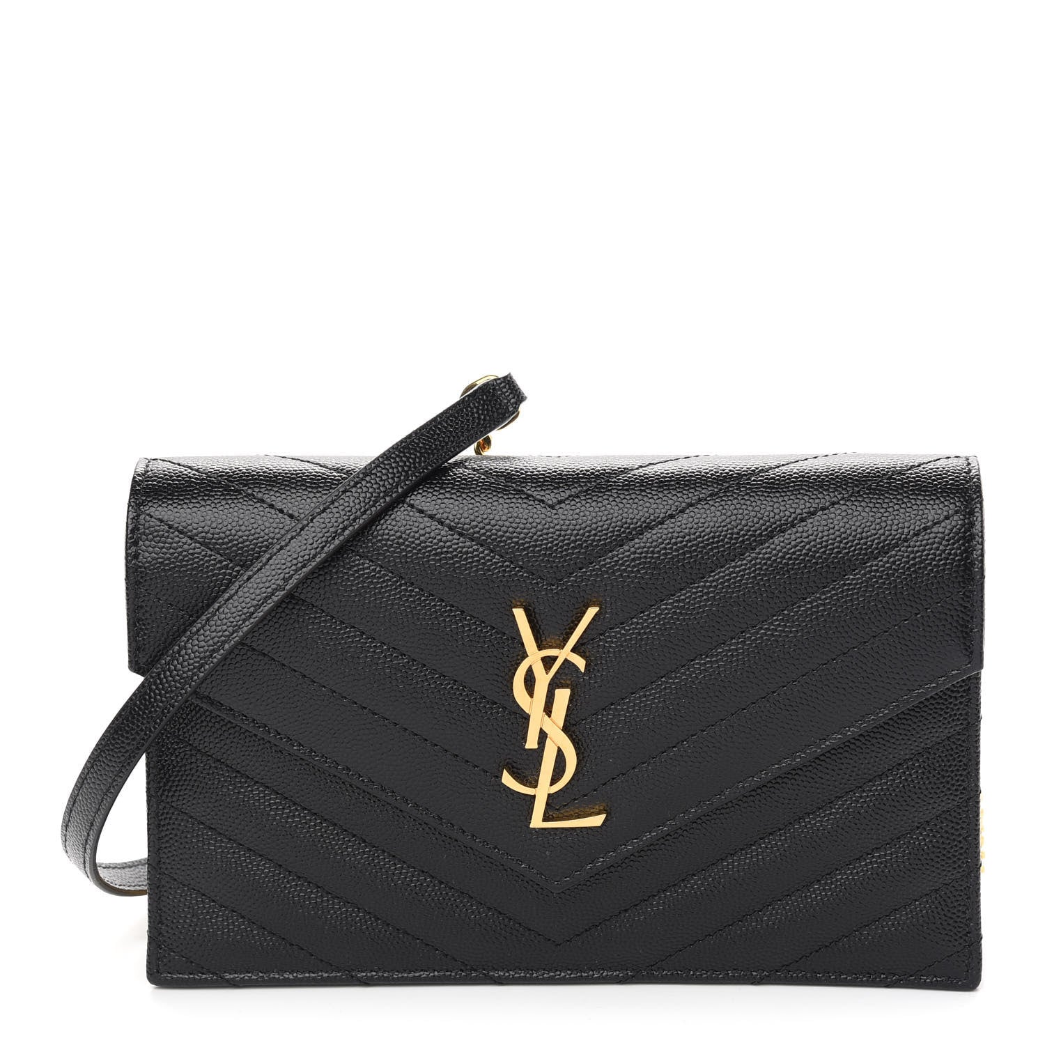 Saint Laurent Grain De Poudre Matelasse Chevron Monogram Envelope Chain Wallet Black 1 of 8