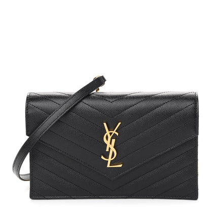 Saint Laurent Grain De Poudre Matelasse Chevron Monogram Envelope Chain Wallet Black 1 of 8