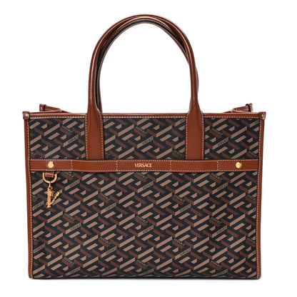 Versace Coated Canvas Calfskin La Greca Signature Tote Bag Black Caramel 1 of 10