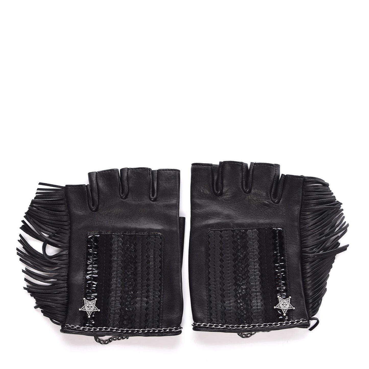 Lambskin Fringe Fingerless Gloves 8 Black