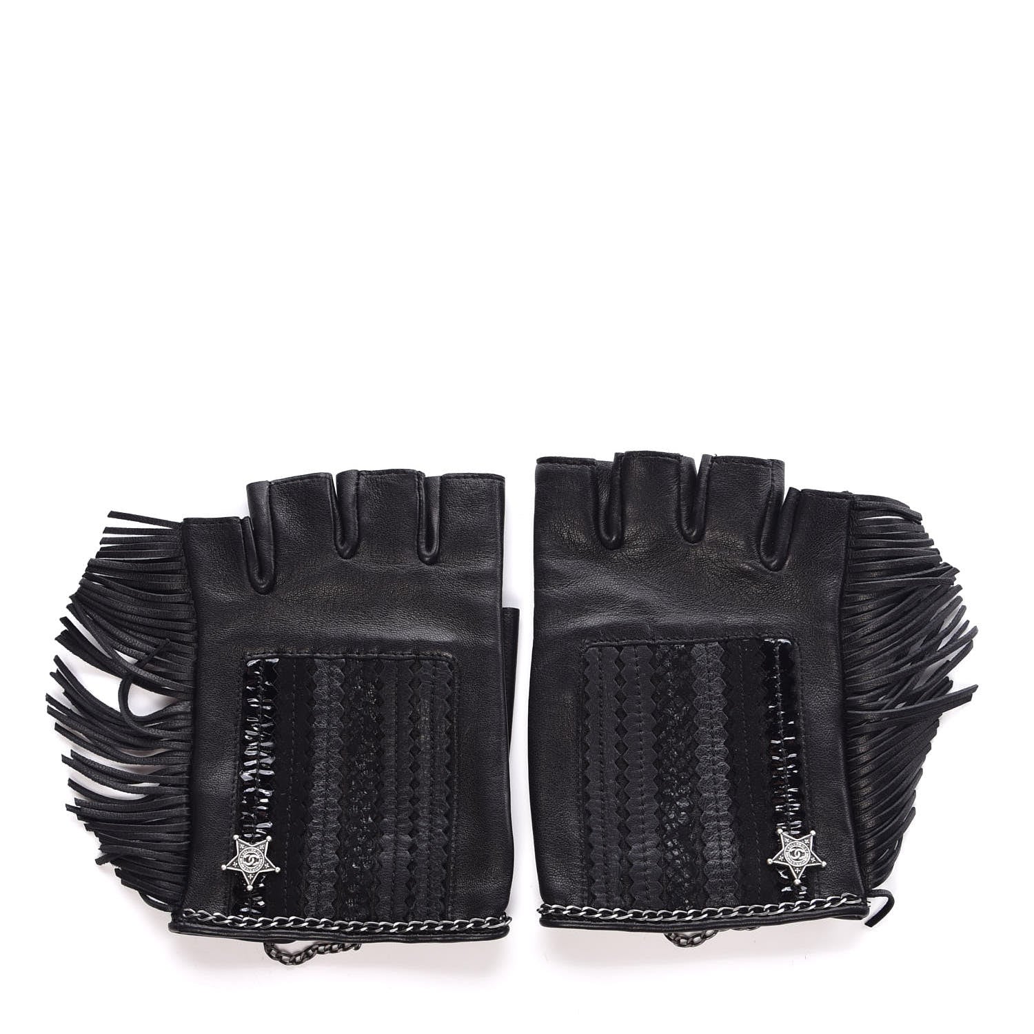 Chanel Lambskin Fringe Fingerless Gloves 8 Black 2 of 7
