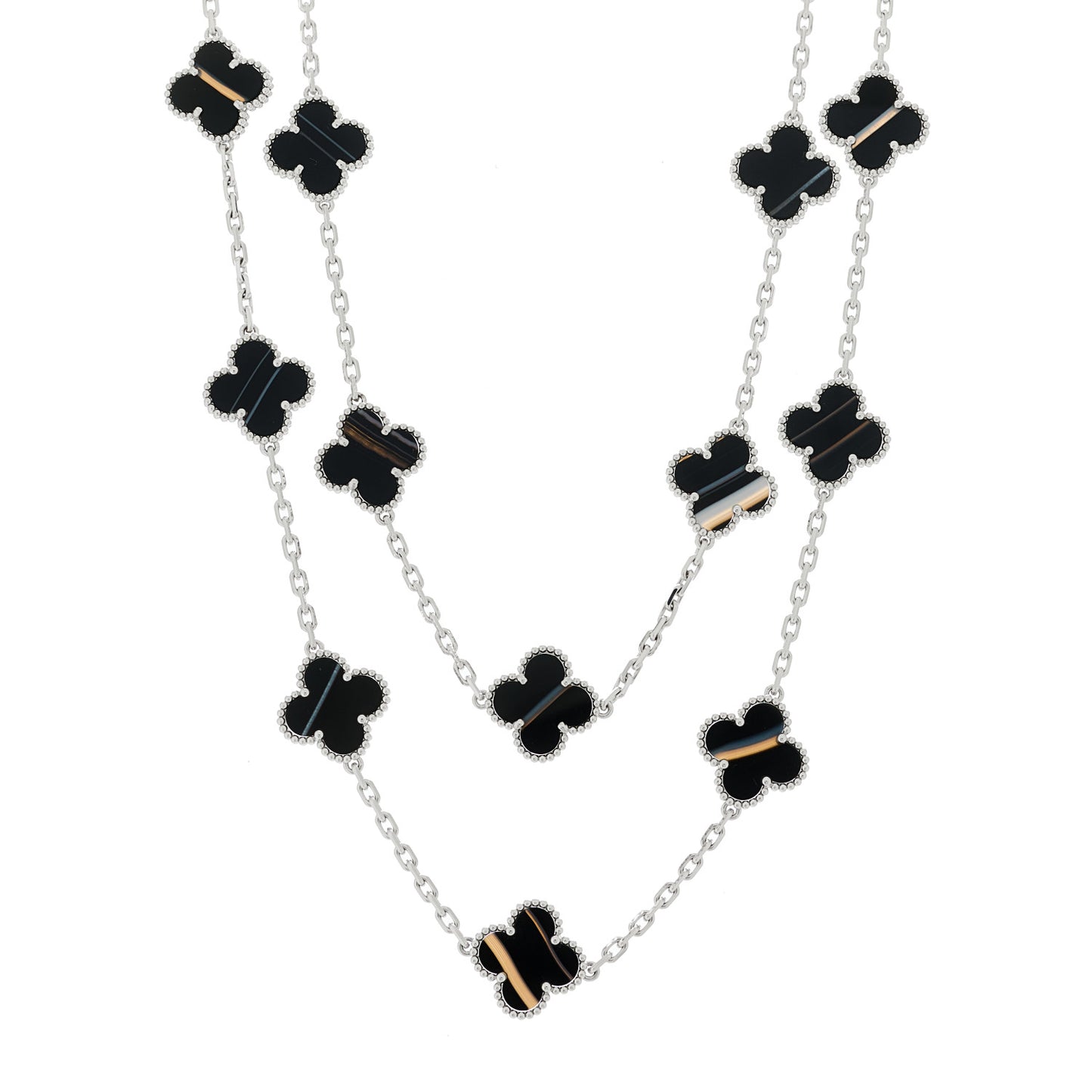 18K White Gold Veined Black Onyx 20 Motifs Vintage Alhambra Necklace