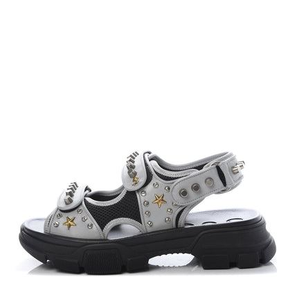 Gucci Technical Canvas Calfskin Reflective Studded Mens Aguru Sandals 8 Silver Black 1 of 8