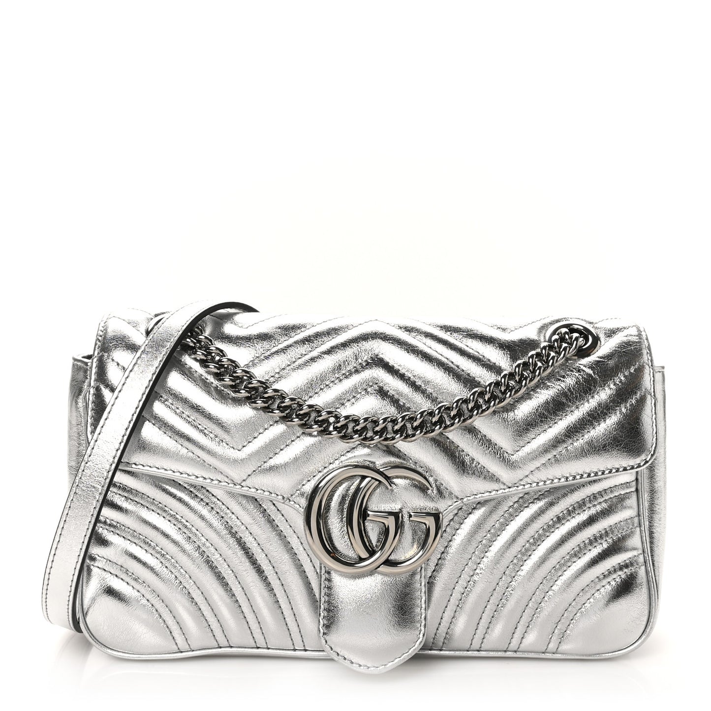Metallic Calfskin Matelasse Small GG Marmont Shoulder Bag Silver