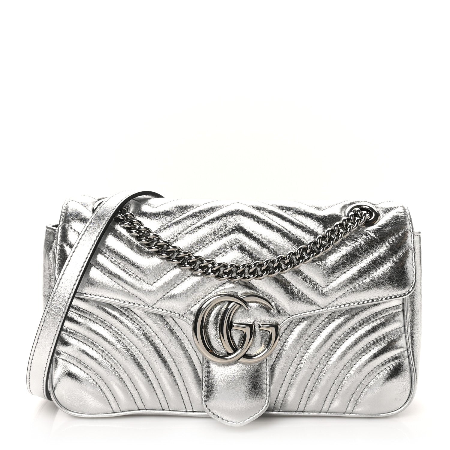 Gucci Metallic Calfskin Matelasse Small GG Marmont Shoulder Bag Silver 1 of 10