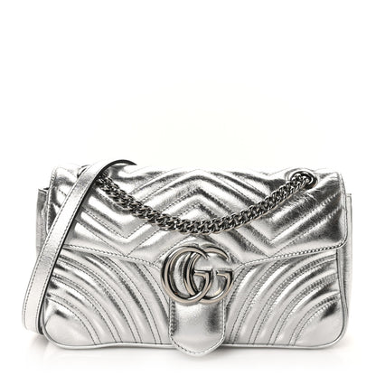 Gucci Metallic Calfskin Matelasse Small GG Marmont Shoulder Bag Silver 1 of 10