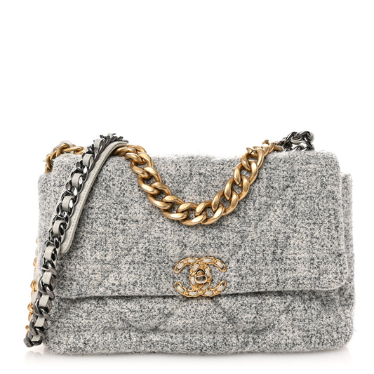 Tweed Quilted Large Chanel 19 Flap Grey Ecru