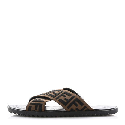 Fendi Fabric Rubber Macro FF Embroidered Mens Crisscross Slide Sandals 10 Maya Black 1 of 11