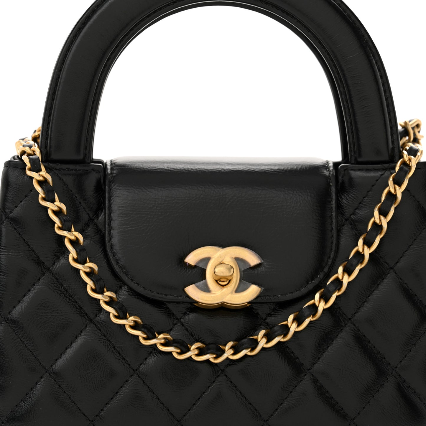 Shiny Aged Calfskin Quilted Nano Kelly Shopper Black