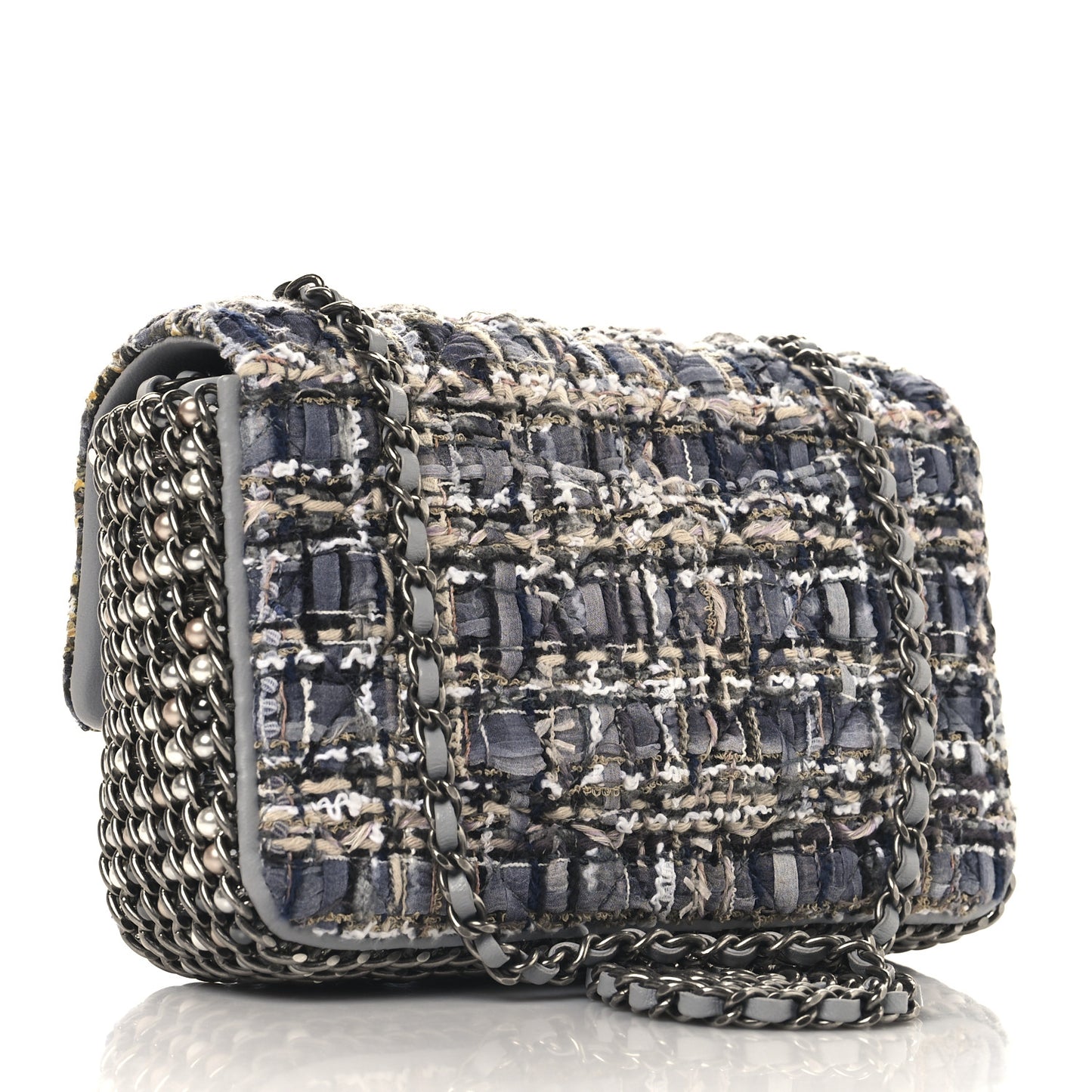 Tweed Quilted Mini Side Pearl Flap Bag Grey