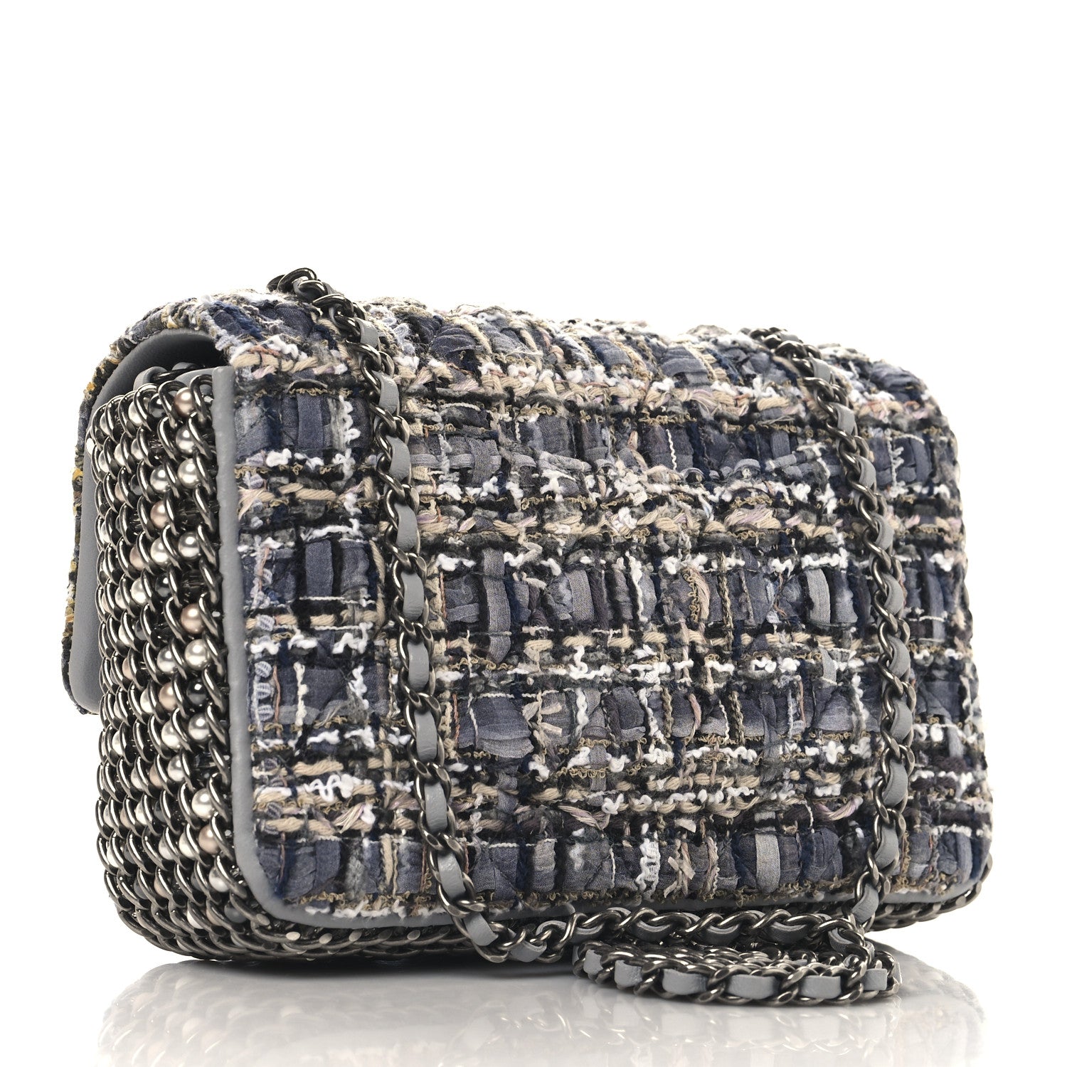 Chanel Tweed Quilted Mini Side Pearl Flap Bag Grey 3 of 10