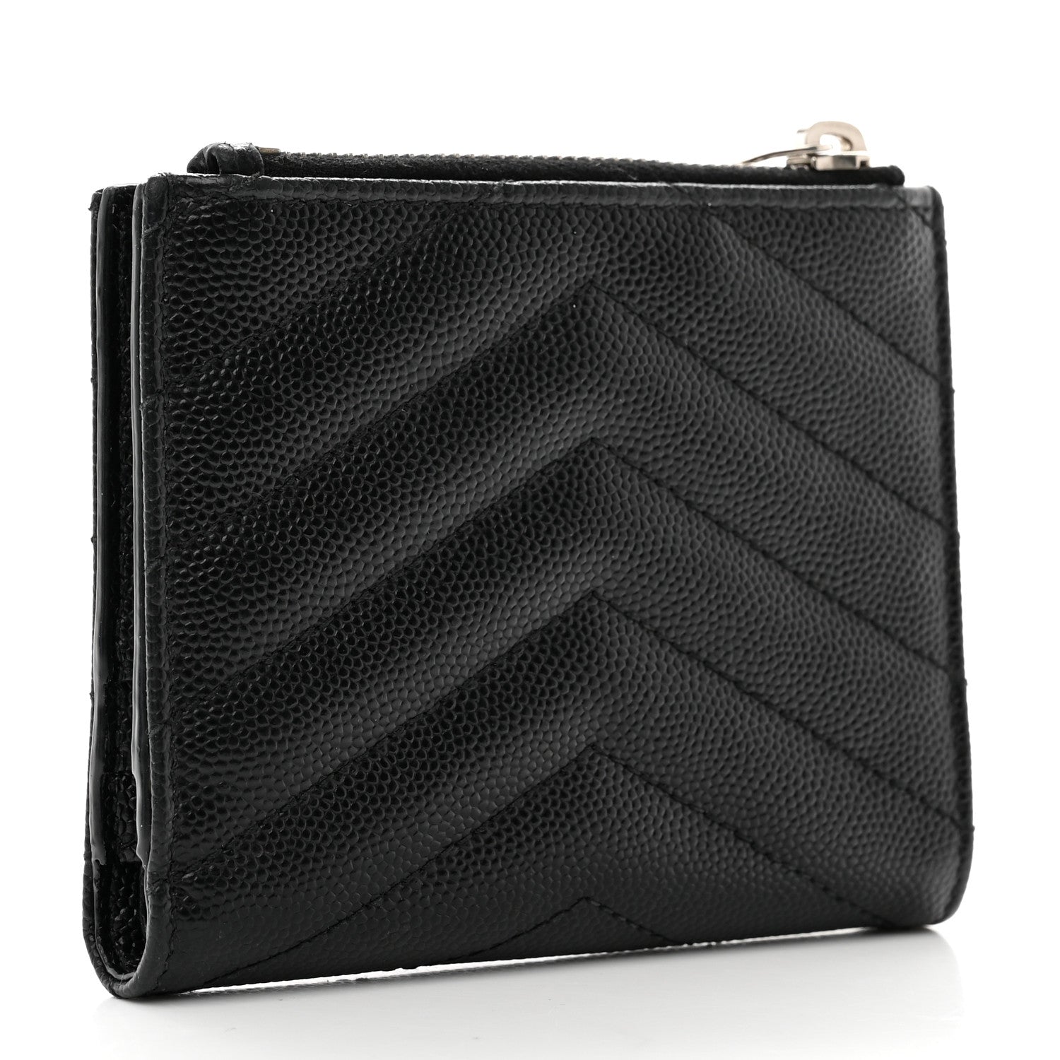 Saint Laurent Grain De Poudre Matelasse Chevron Monogram Zipped Card Case Black 3 of 8