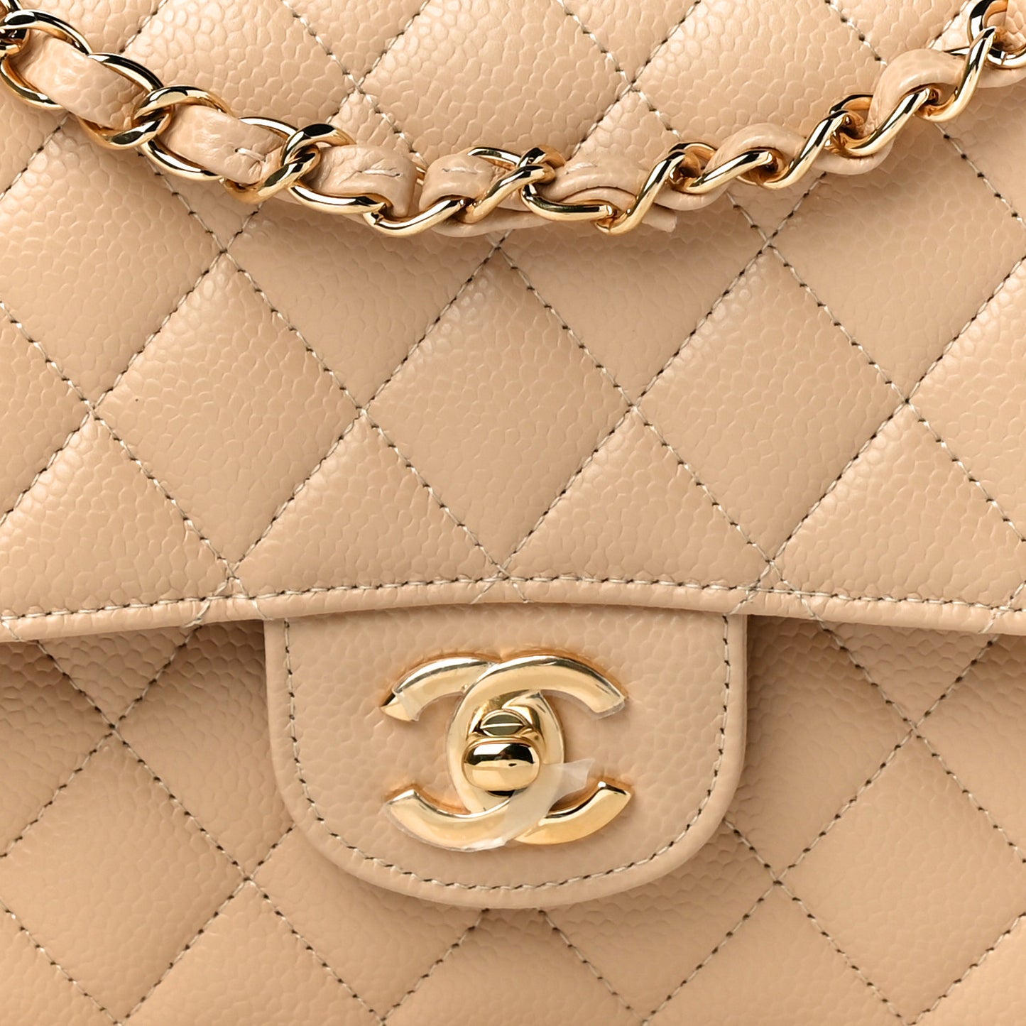 Caviar Quilted Medium Double Flap Beige