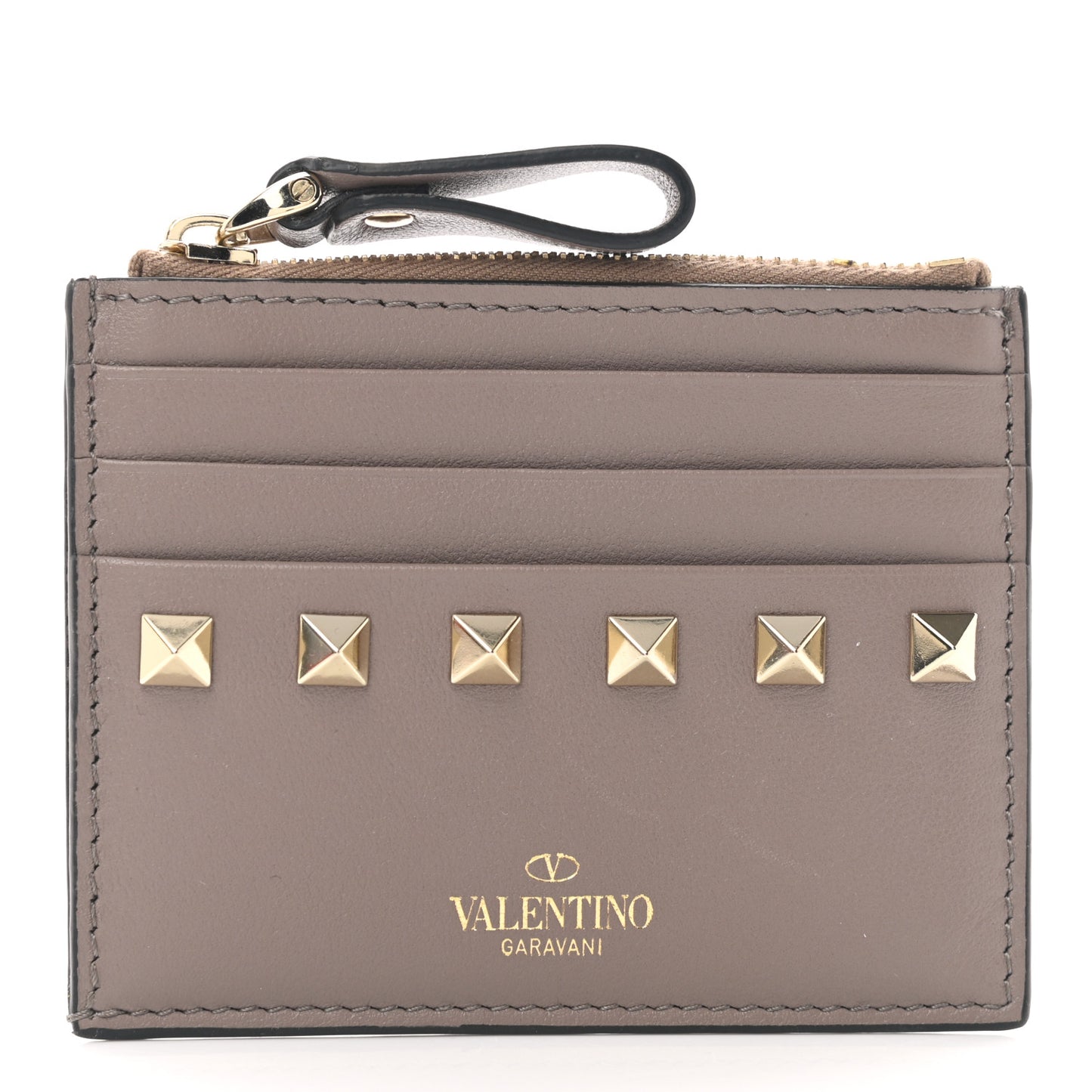 Vitello Rockstud Card Holder With Zipper Poudre
