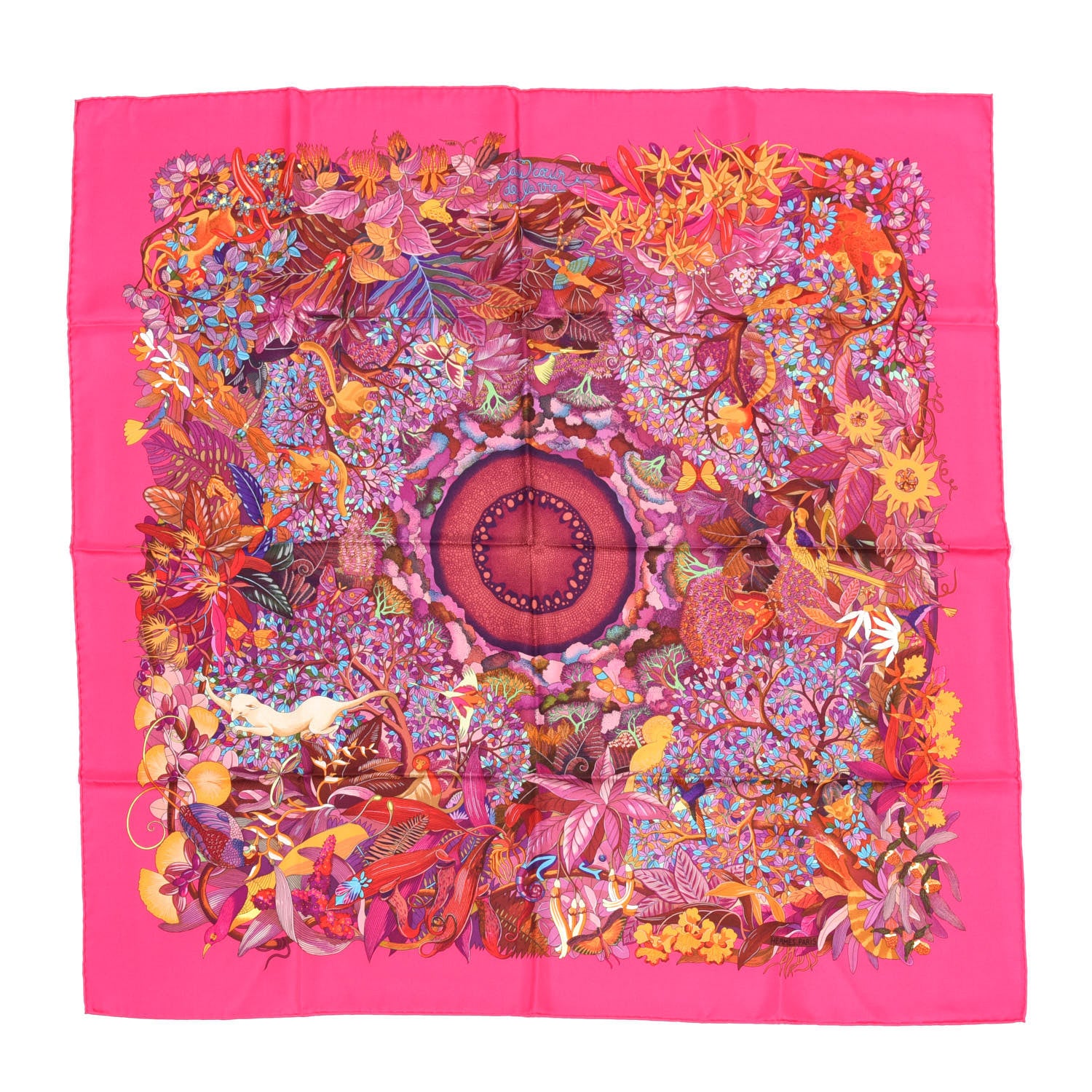 Hermes Silk Au Coeur de la Vie Scarf 90 Rose Vif Orange Violet 1 of 5