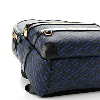 Versace Coated Canvas Calfskin La Greca Signature Backpack Black Blue 8 of 9
