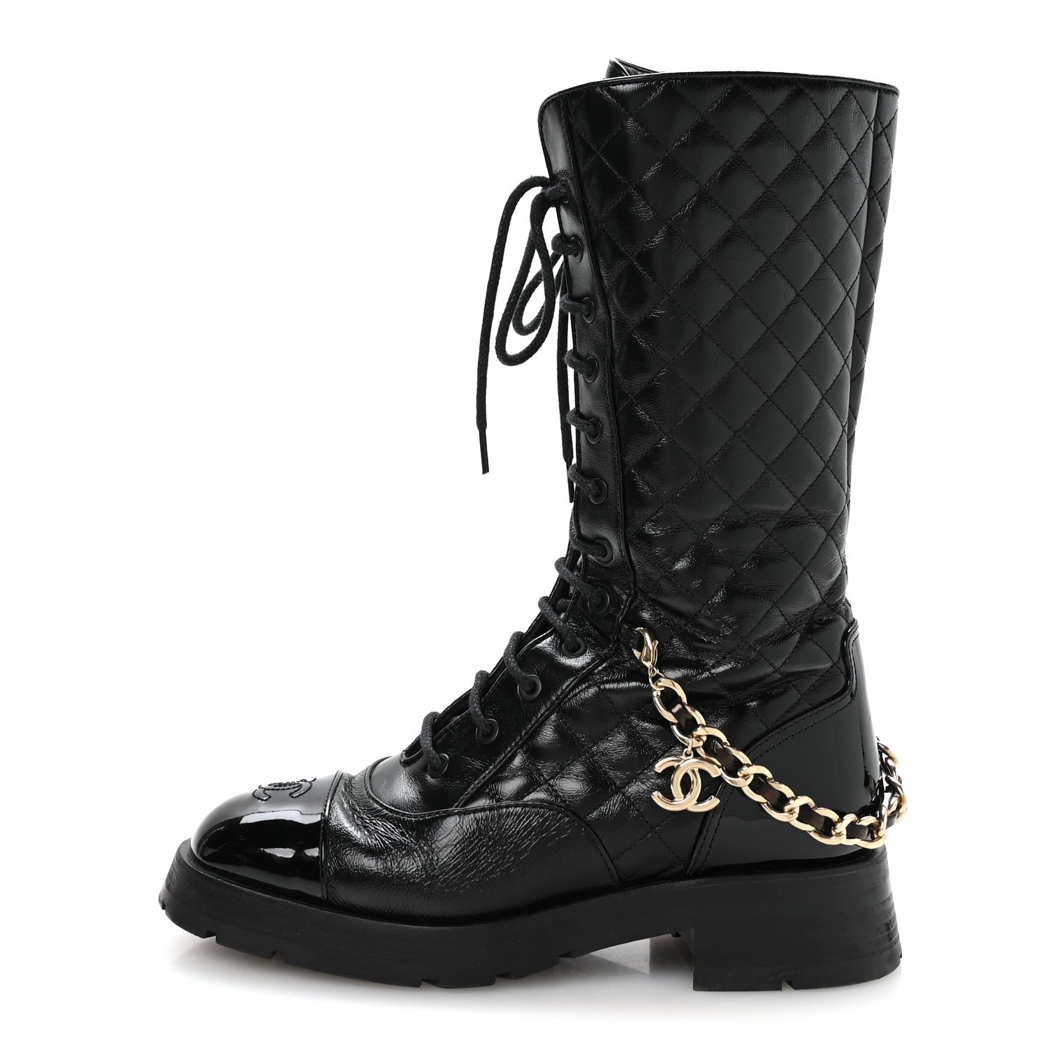 Chanel Shiny Calfskin Patent Quilted Chain Lace Up Combat Long Boots 38.5 Black 1 of 8