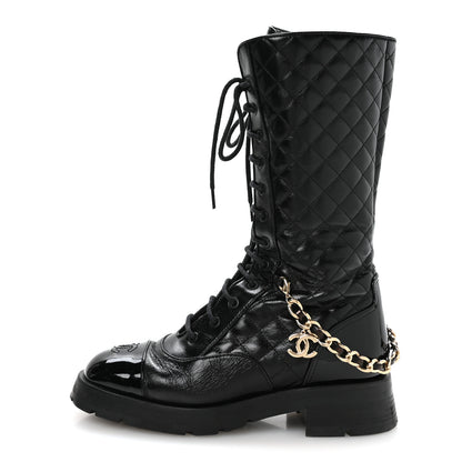 Chanel Shiny Calfskin Patent Quilted Chain Lace Up Combat Long Boots 38.5 Black 1 of 8