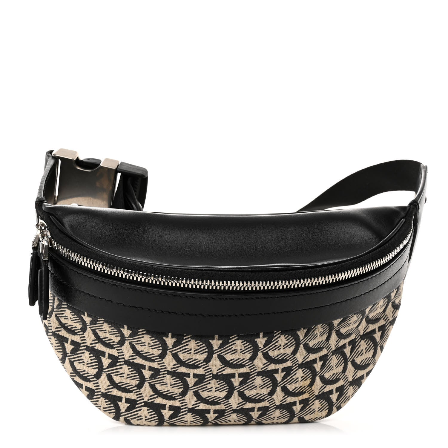 Salvatore Ferragamo Gancini Monogram Calfskin Waist Bag Black Beige 1 of 9