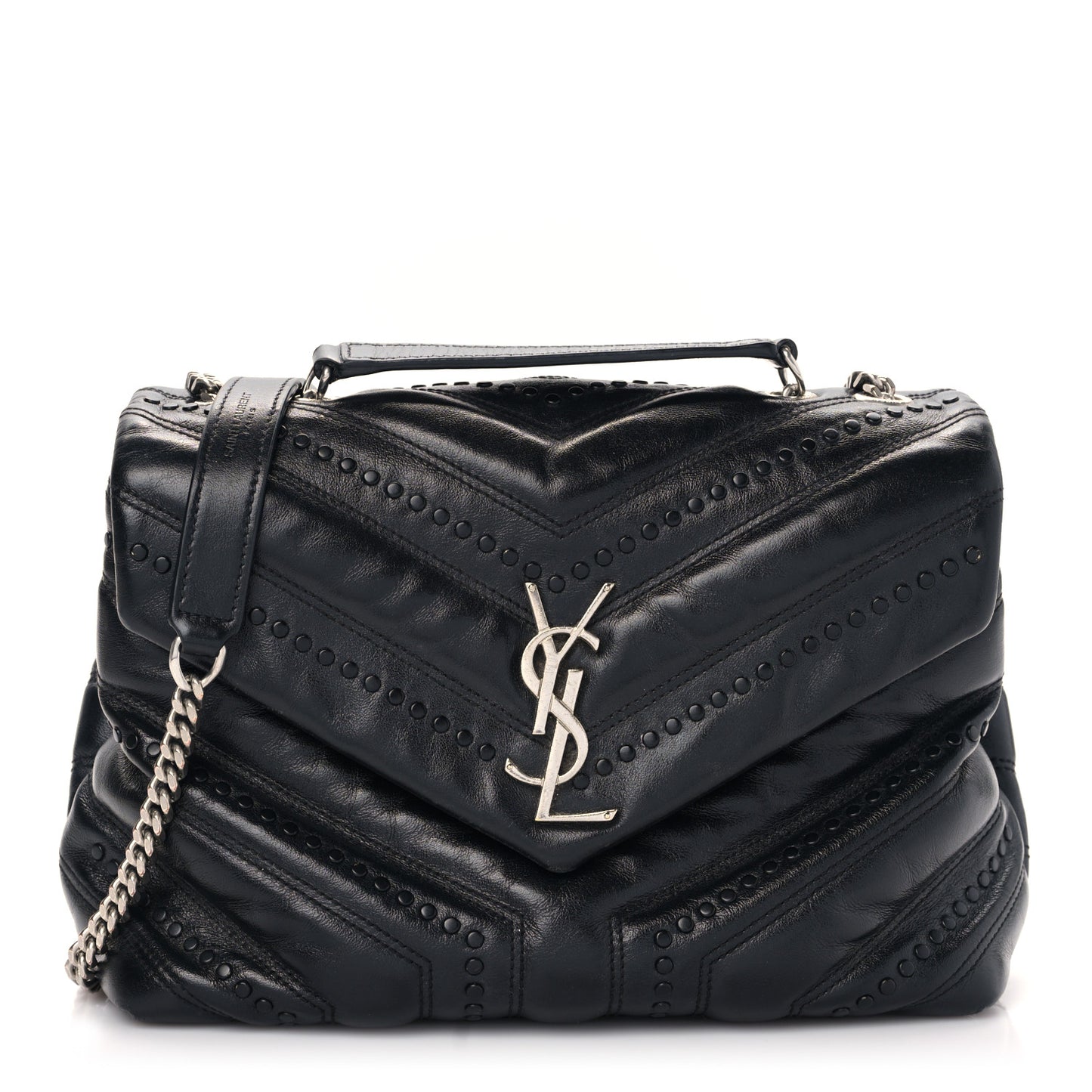 Calfskin Y Quilted Studded Monogram Small Loulou Chain Satchel Black