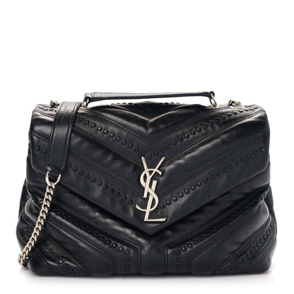 Saint Laurent Calfskin Y Quilted Studded Monogram Small Loulou Chain Satchel Black 1 of 8