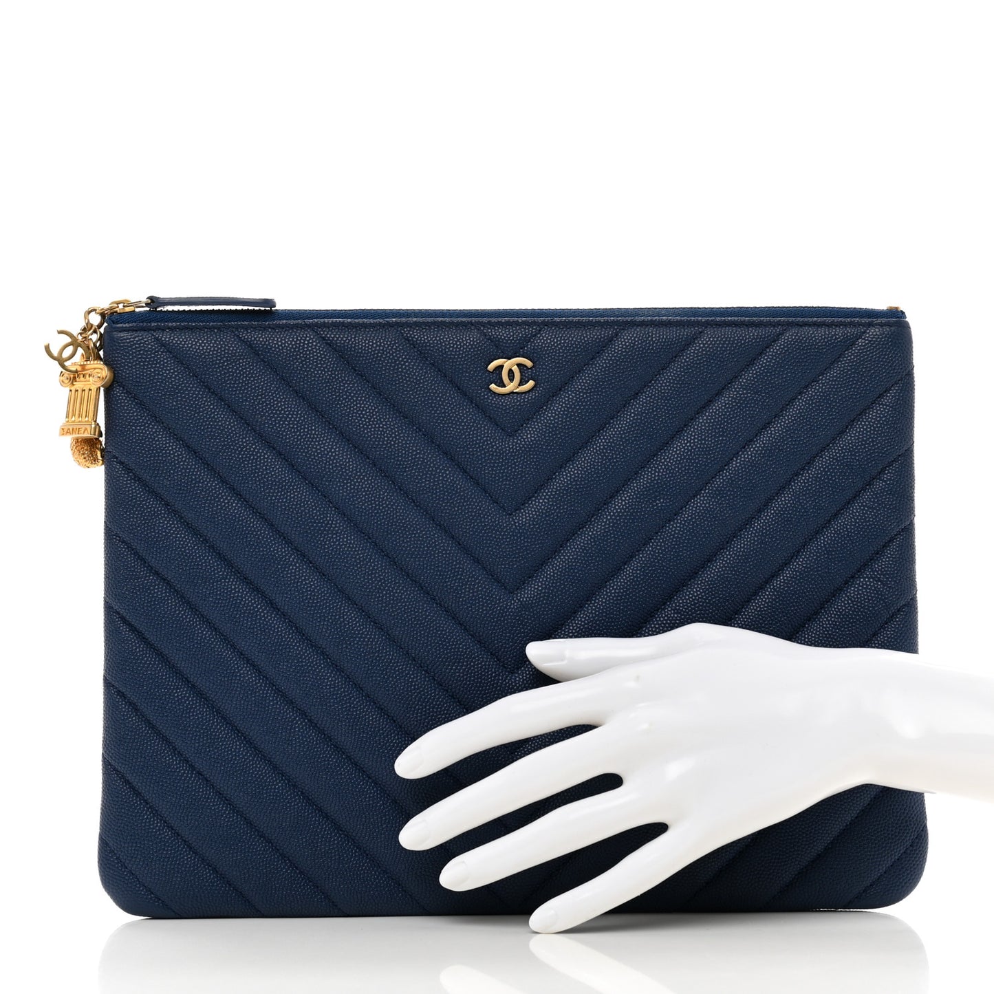 Caviar Chevron Quilted Medium Zip Pouch Navy