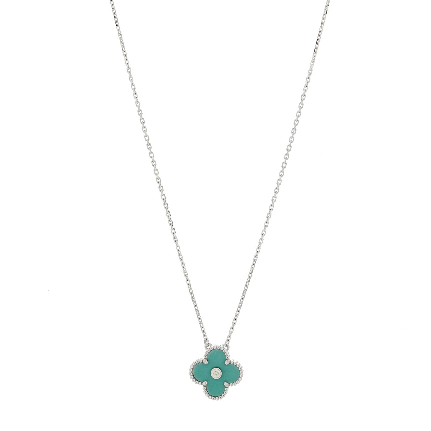 18K White Gold Diamond Celadon Green Sevres Porcelain Vintage Alhambra Pendant Necklace