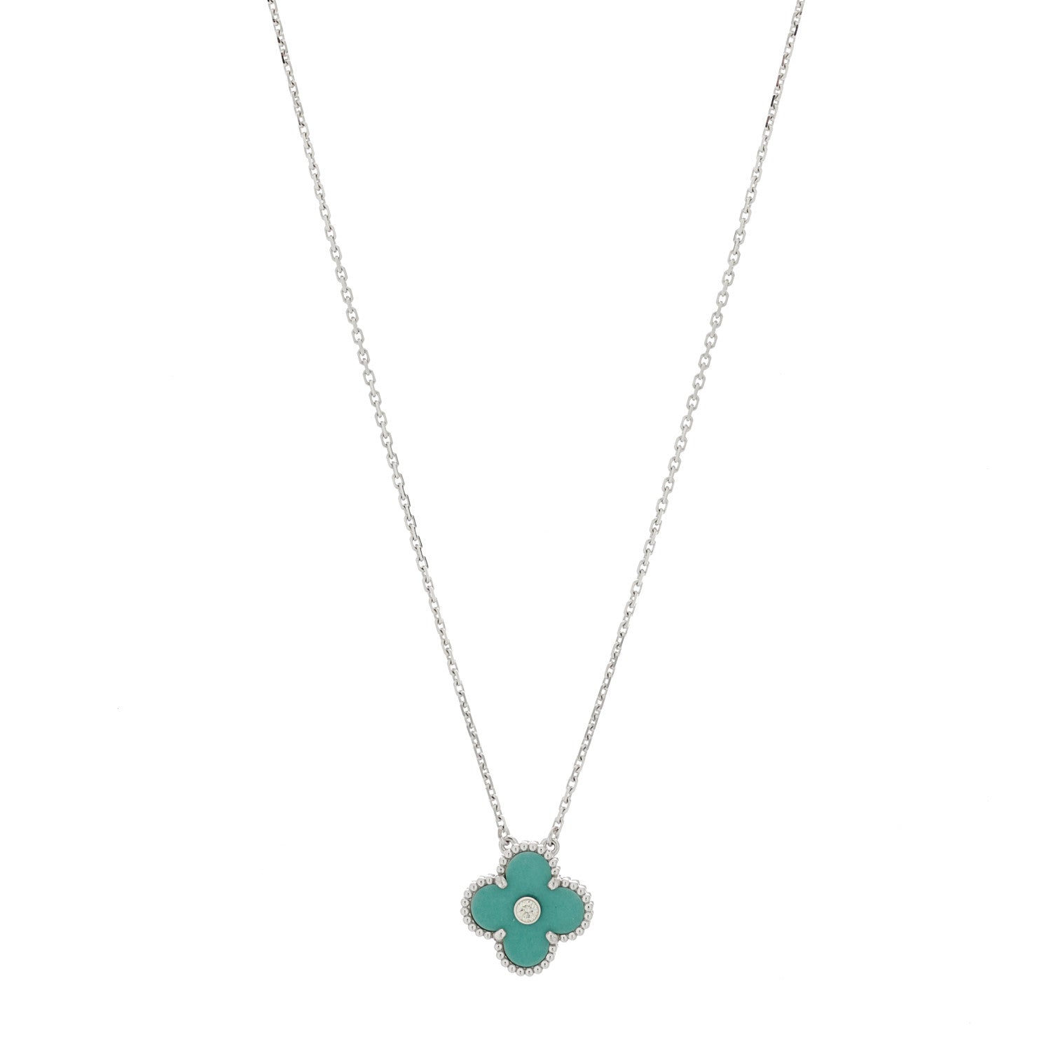 Van Cleef & Arpels 18K White Gold Diamond Celadon Green Sevres Porcelain Vintage Alhambra Pendant Necklace 1 of 6