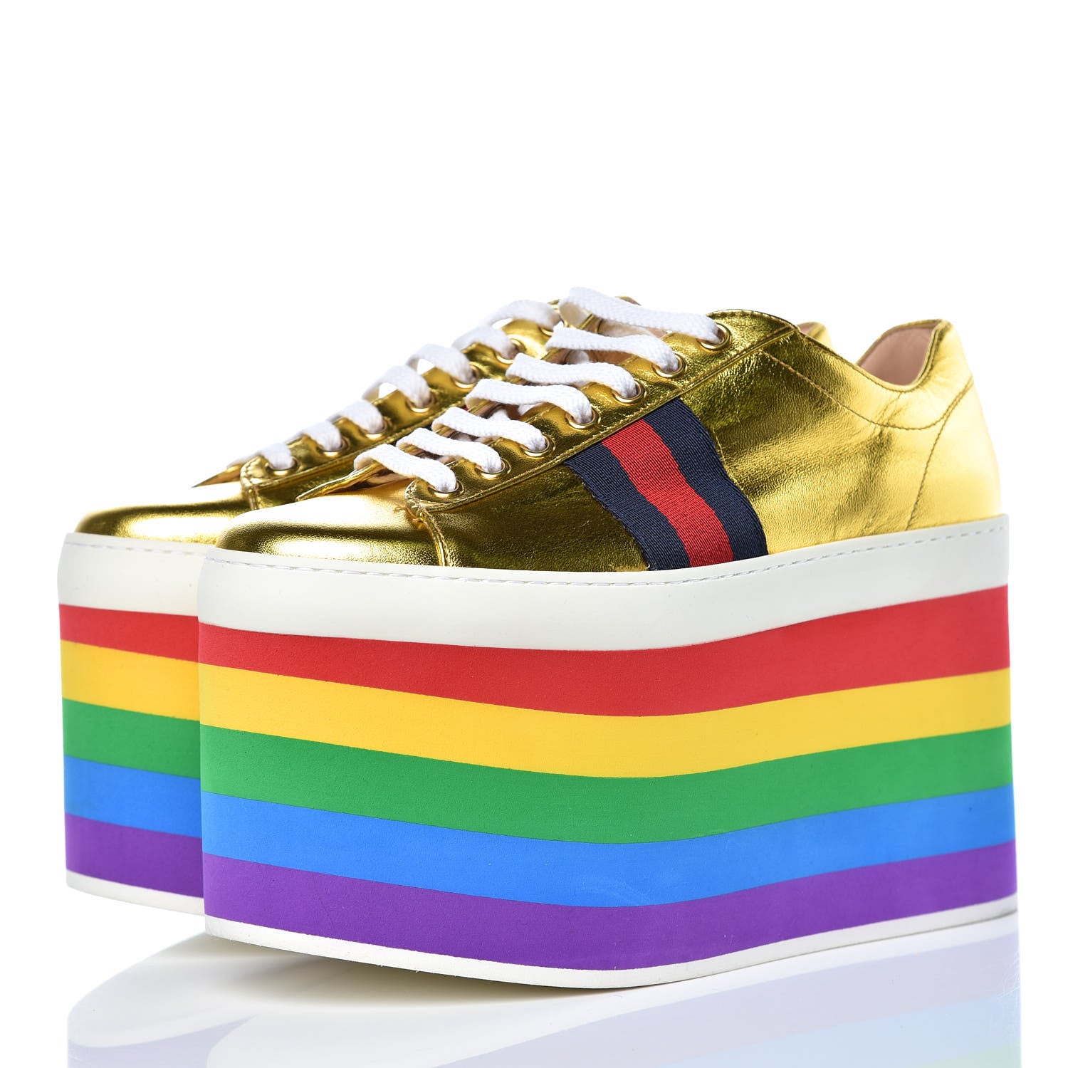Gucci Metallic Nappa Peggy Platform Sneakers 36.5 Oro Vecchio 3 of 10