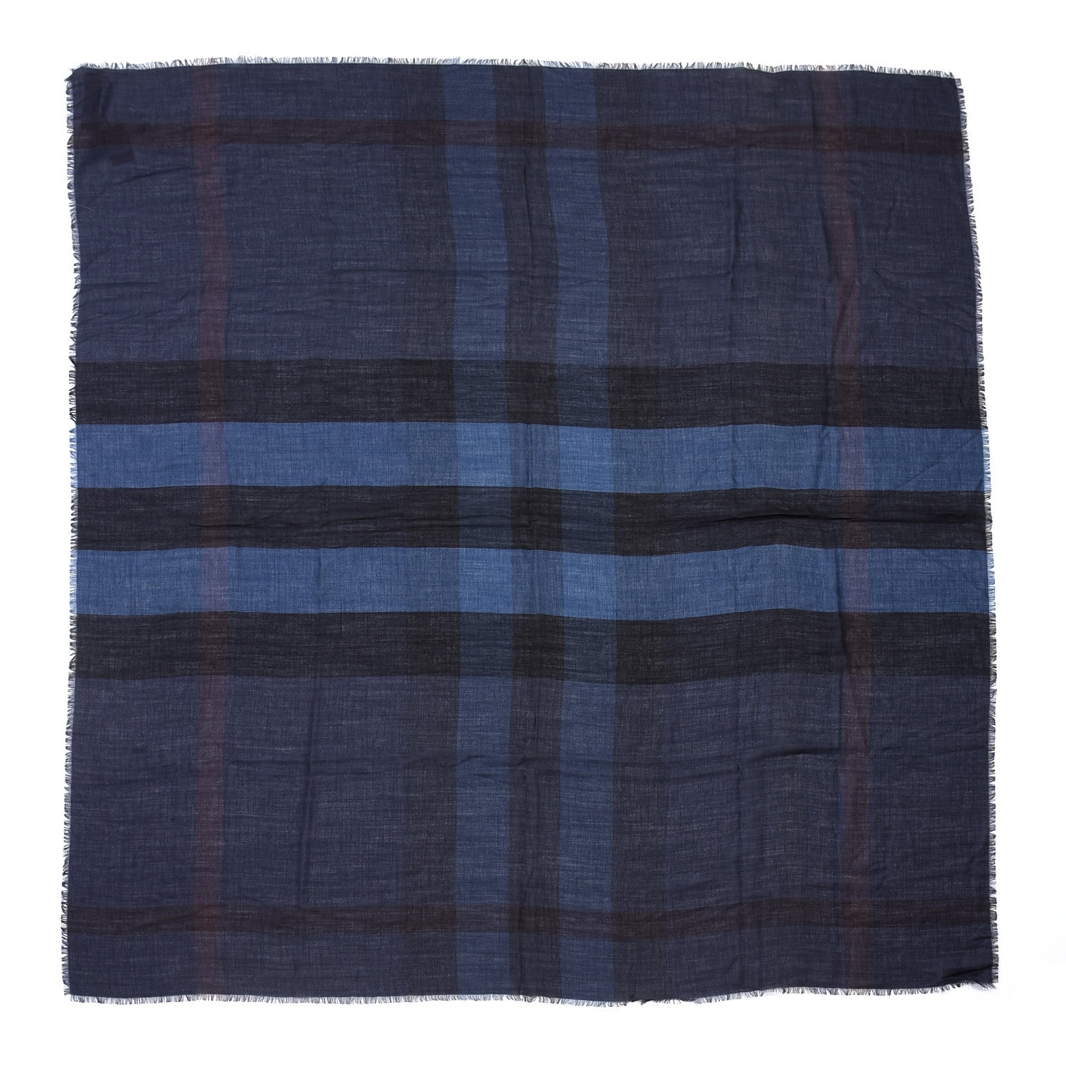 Burberry Silk Modal Wool Cashmere London Check Lightweight Square Scarf Navy 1 of 4