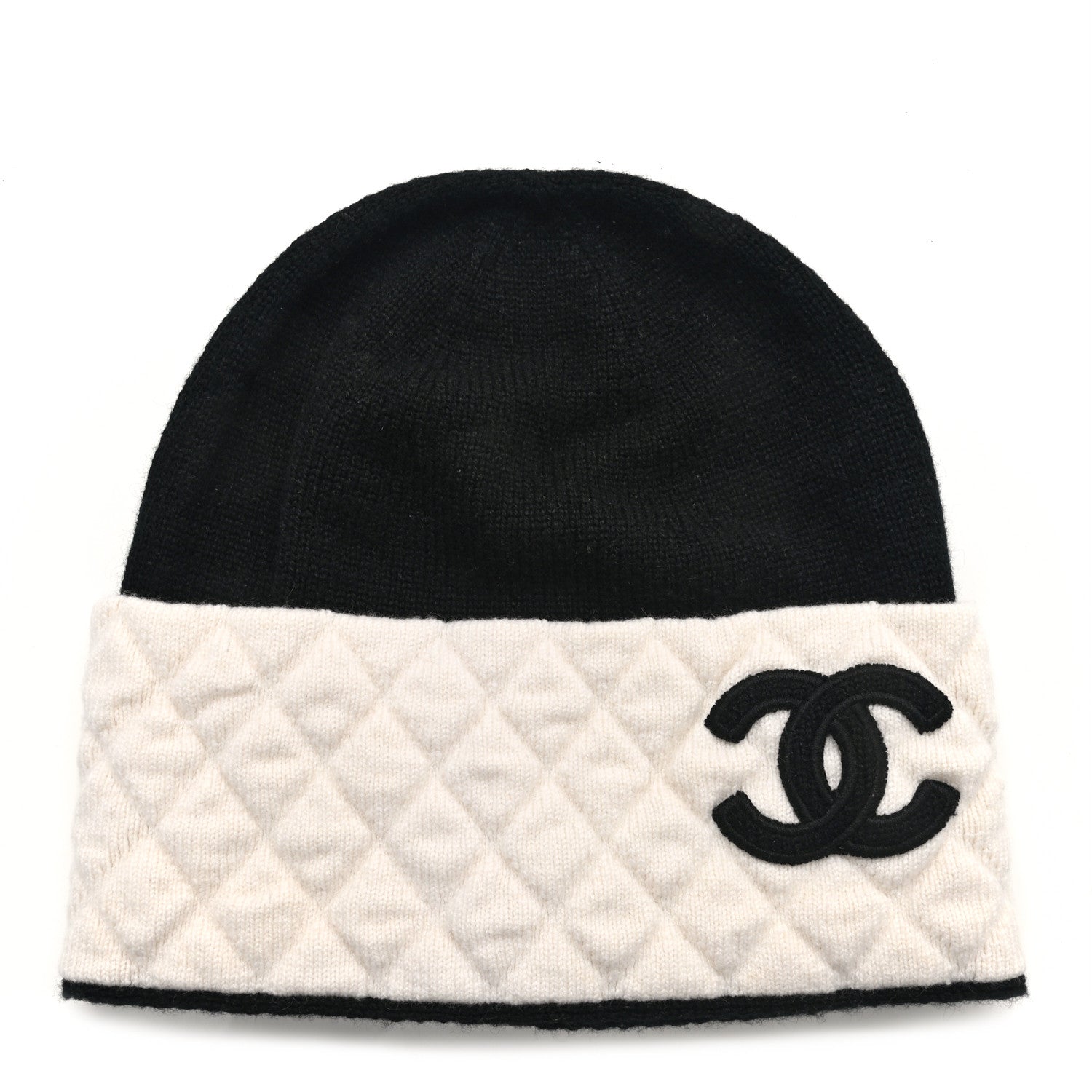 Chanel Cashmere Quilted CC Beanie Hat Black White 1 of 5