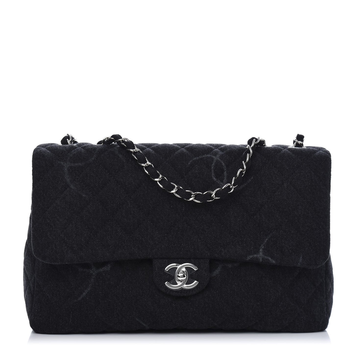 Denim Quilted CC Print Jumbo Single Flap Black