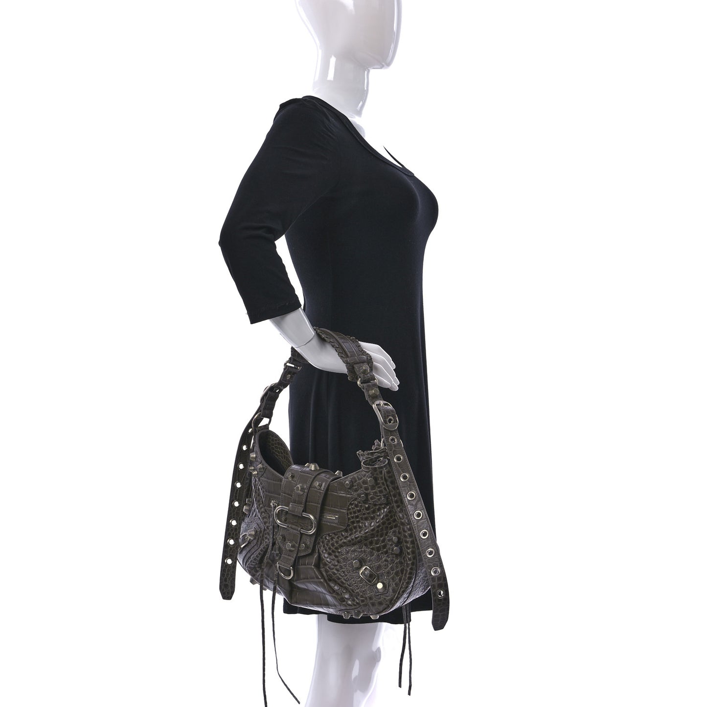 Extra Supple Calfskin Crocodile Embossed Medium Le Cagole Shoulder Bag Medium Grey
