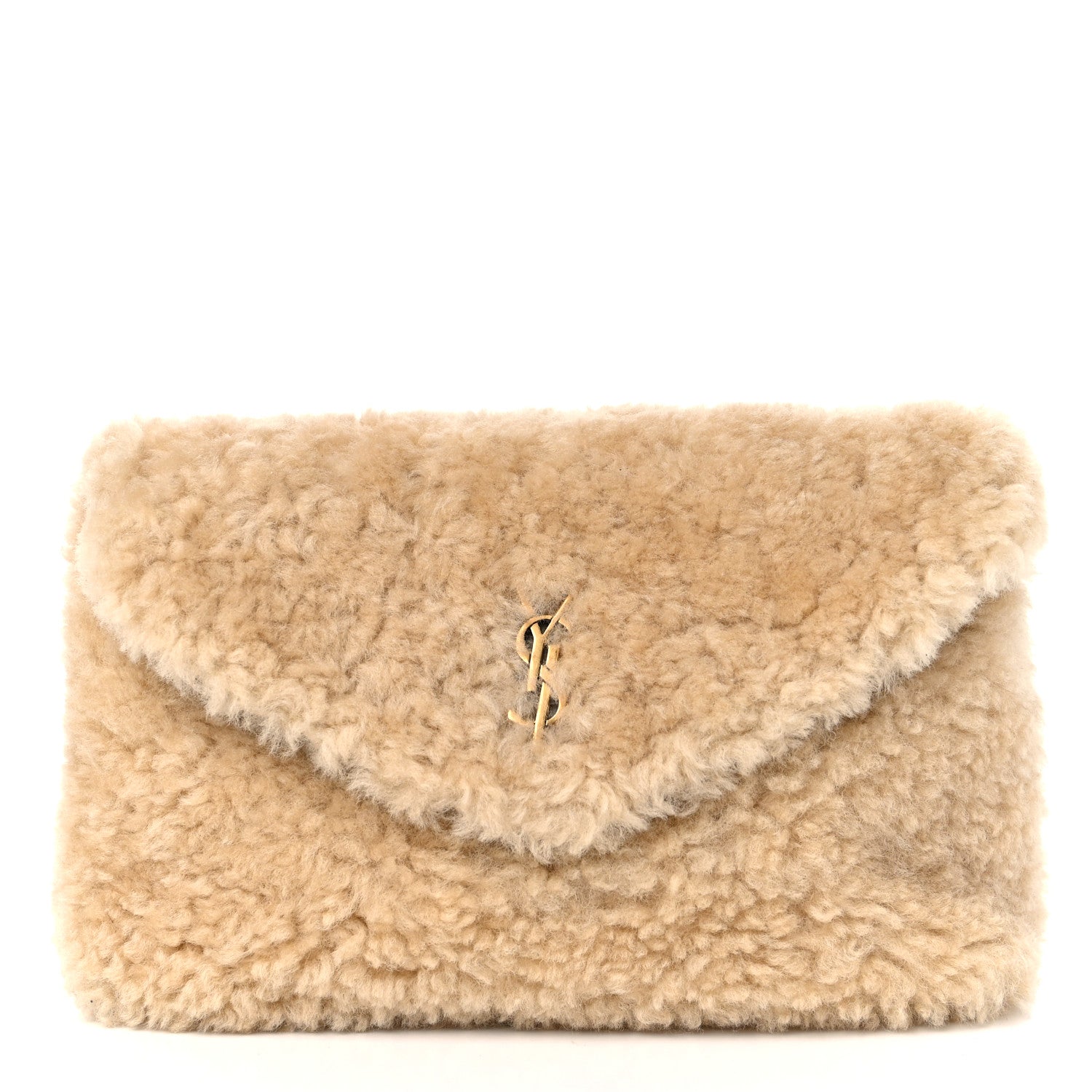 Saint Laurent Shearling Quilted Monogram Loulou Puffer Pouch Clutch Natural Beige Brick 2 of 10