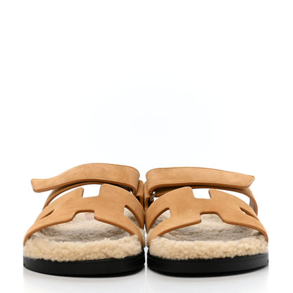 Hermes Suede Goatskin Woolskin Womens Chypre Sandals 38.5 Golden Beige 2 of 4