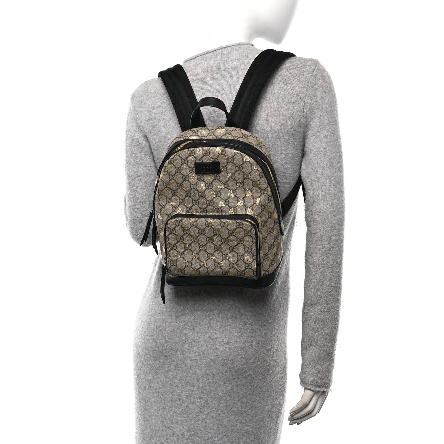 Gucci GG Supreme Monogram Bees Print Small Day Backpack Beige Oro Black 3 of 10