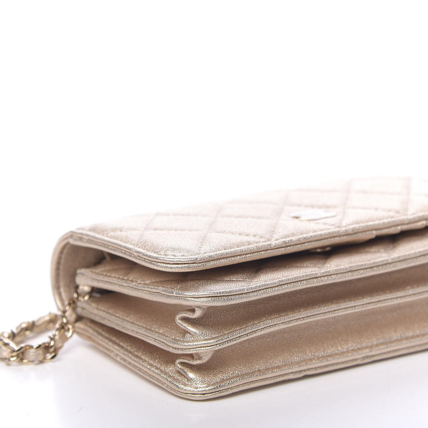 Metallic Lambskin Quilted Mini Wallet On Chain WOC Gold